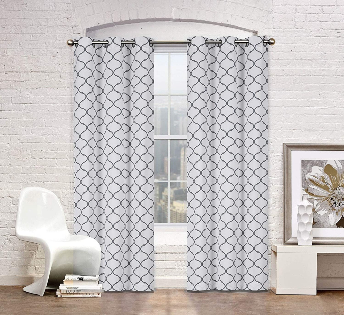 Kate Aurora Contemporary Living 2 PackAnd White Trellis Clover Window Curtains - 38 in. W x 84 in. L - Gray