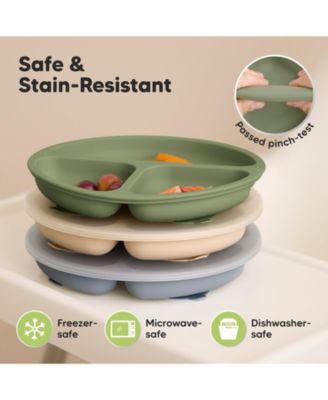 3-Pack Prep Suction Plates with Lids, 100% Silicone Baby Plates with Lid, BPA-Free Kids Divided Toddler Plates