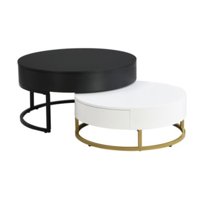 Modern Round Lift-Top Coffee Table with Drawers (White & Black)