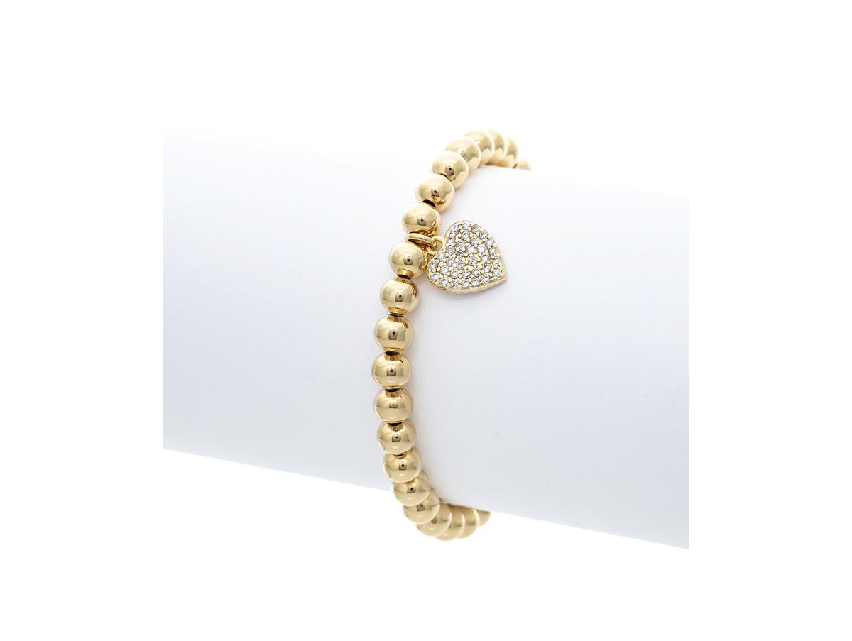 Rivka Friedman Heart Charm Polished Bead Stretch Bracelet - Gold with clear cz