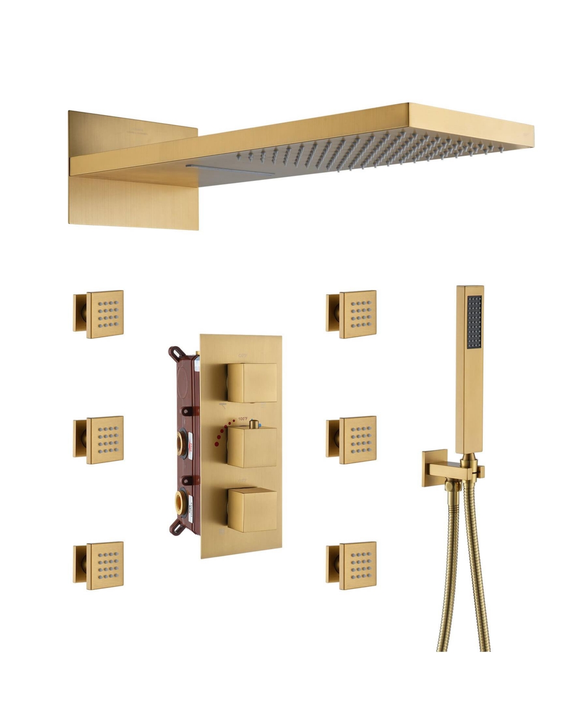 Mondawe Wall Mounted Thermostatic Luxury Shower System Set with Handheld Spray & 6 Body Jets, Brushed- Gold