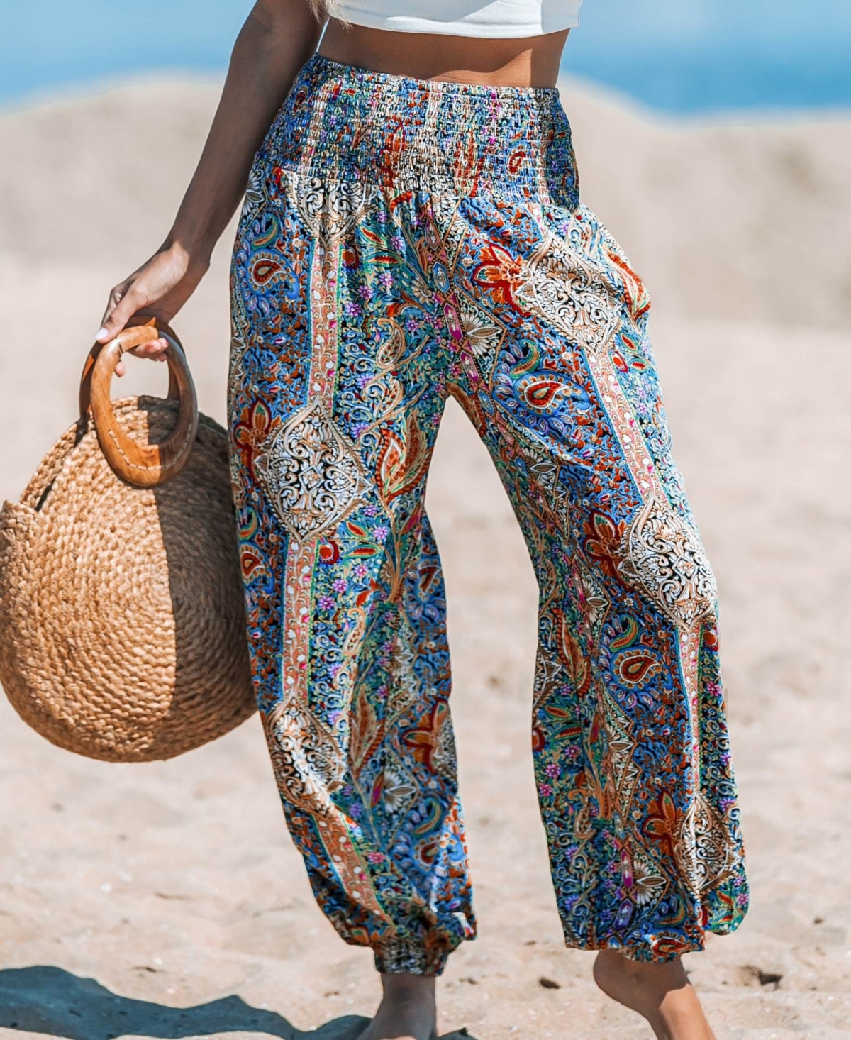 Cupshe Women's Paisley Smocked Waist Tapered Leg Pants