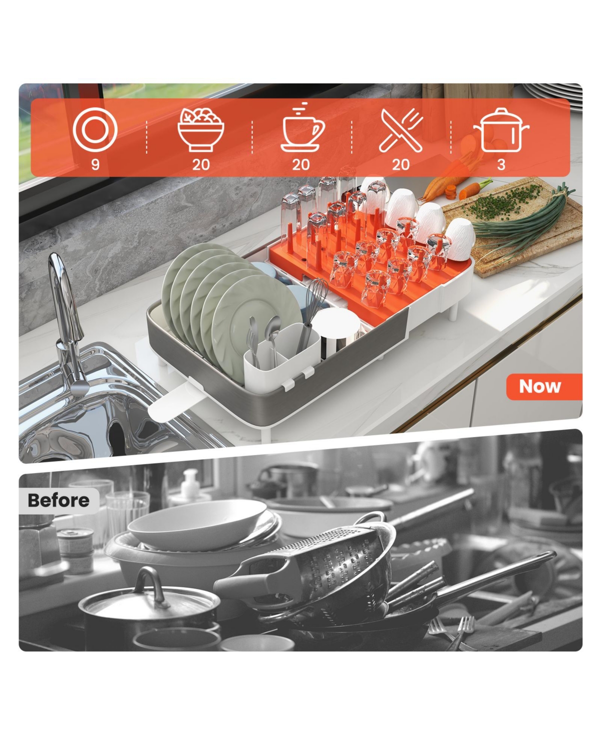 Slickblue Expandable Dish Drying Rack Adjustable Dual-Part Dish Drainer with Detachable Utensil Holder