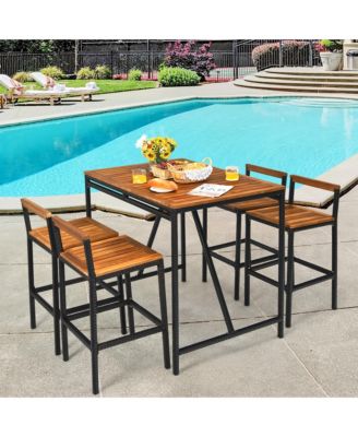 5PCS Patio Bar Table Set PE Rattan High-Dining Bistro Set w/ Acacia Wood Top