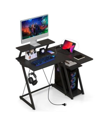 L-Shaped Gaming Desk with Outlets & USB Ports Monitor Shelf Headphone Hook