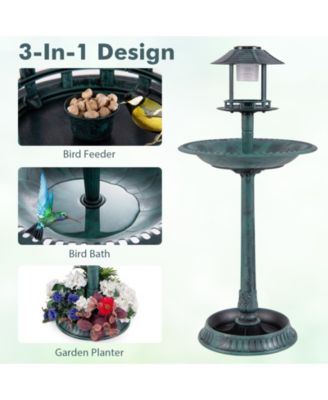Pedestal Bird Bath with Solar Light with Bird Feeder and Flower Planter
