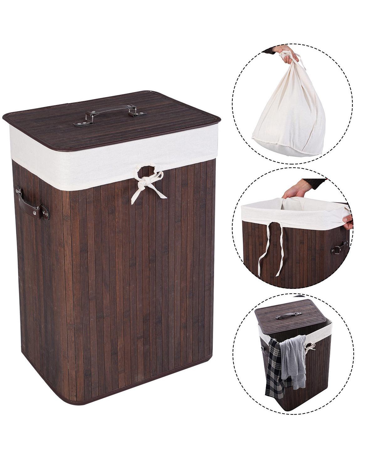 Slickblue Rectangle Bamboo Hamper Laundry Basket Washing Cloth Bin Storage Bag Lid 3 color