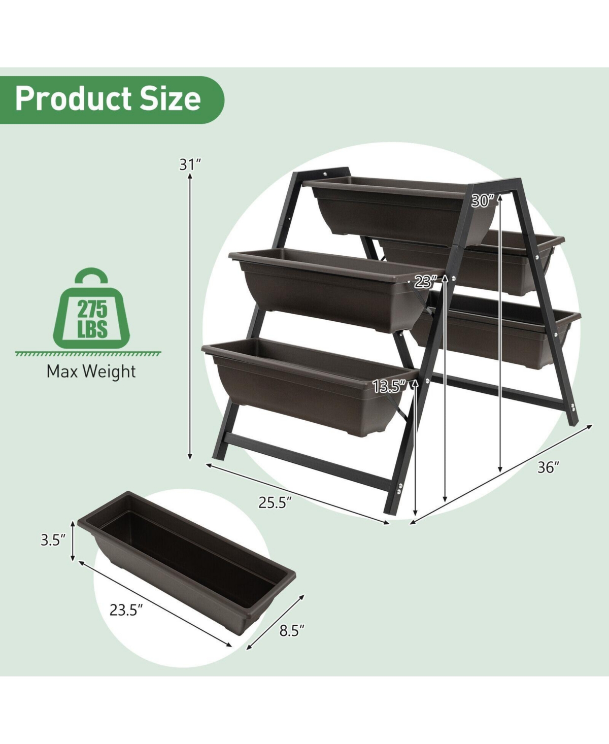 Slickblue 3-Tier Vertical Raised Garden Bed with 5 Plant Boxes - Black and Brown