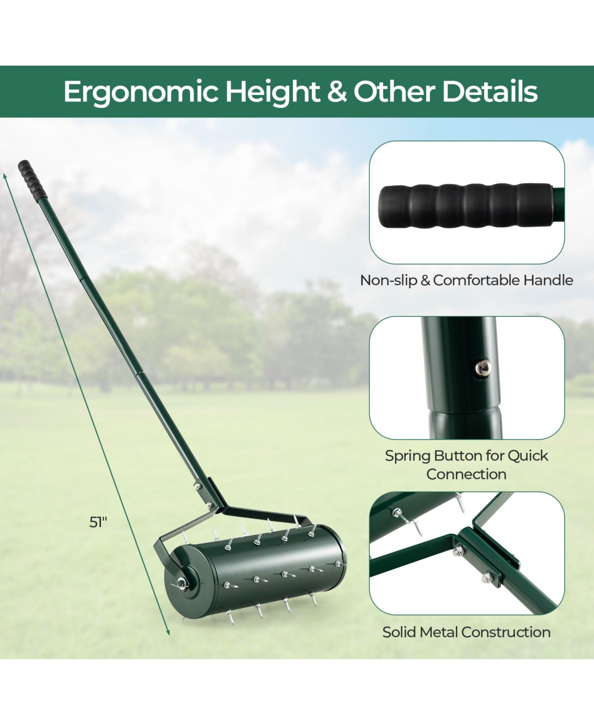 Slickblue Manual Lawn Aerator with Detachable Handle Filled with Sand or Stone