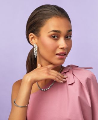 Cultured Freshwater Button Pearl (4 - 8-1/2mm) & Cubic Zirconia Vine Cluster Drop Earrings