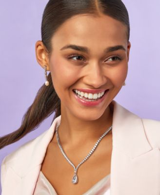 Cultured Freshwater Pearl (9 x 7mm) & Cubic Zirconia Drop Earrings in Sterling Silver, Created for Macy's