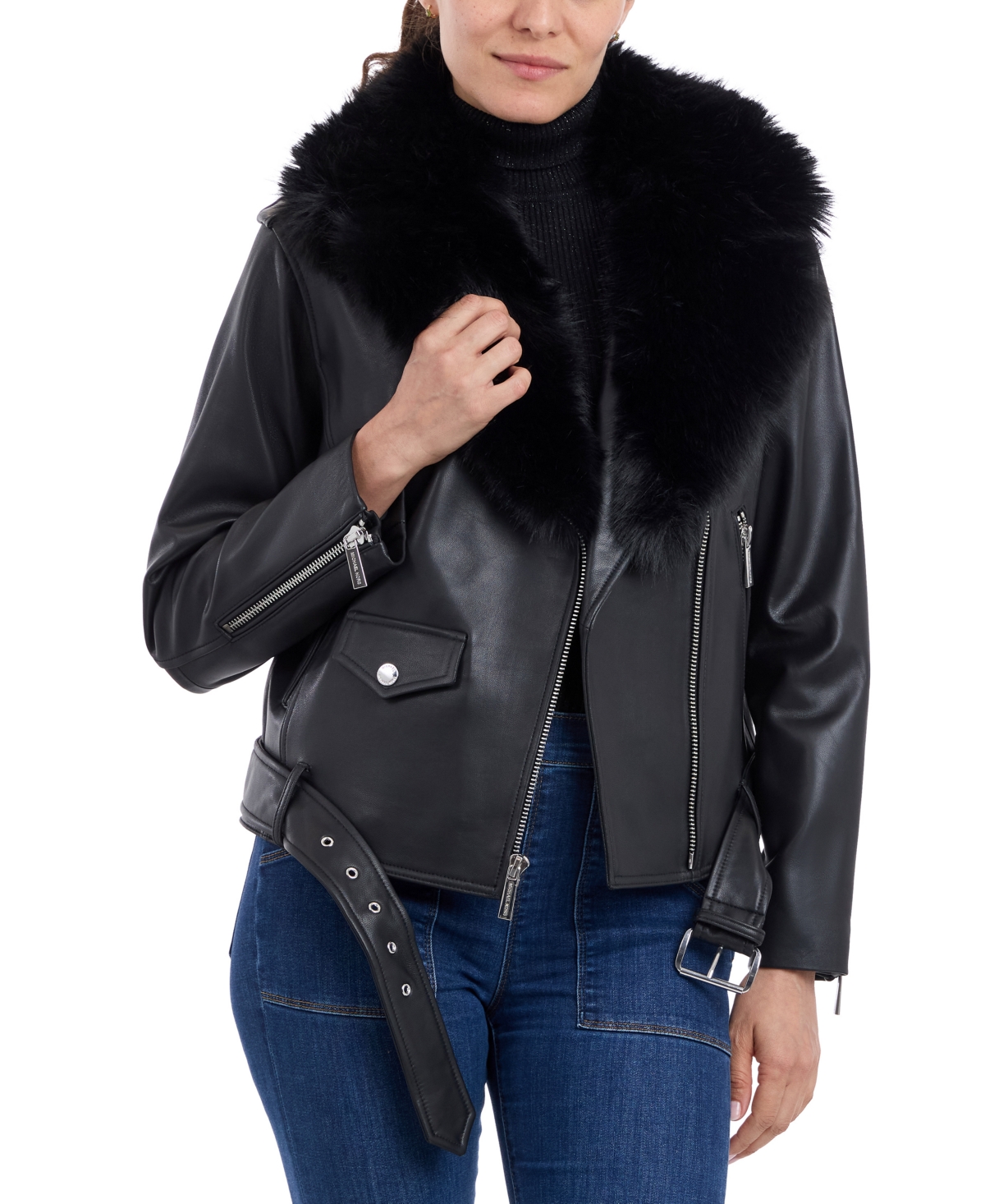 Michael Michael Kors Women's Faux-Fur-Trim Leather Moto Coat