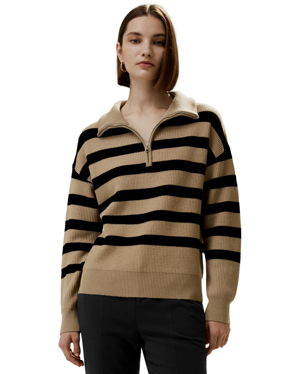 Women's Collared Quarter-Zip Wool Sweater for Women - Navy blue and white stripes