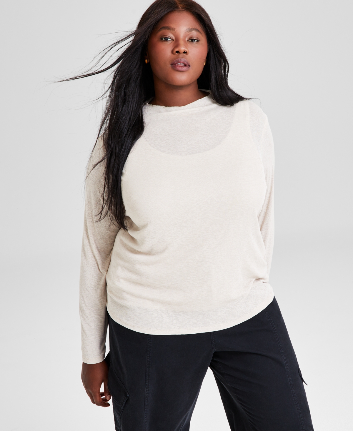 Trendy Plus Size Funnel-Neck Long-Sleeve Top, Created for Macy's - Stone