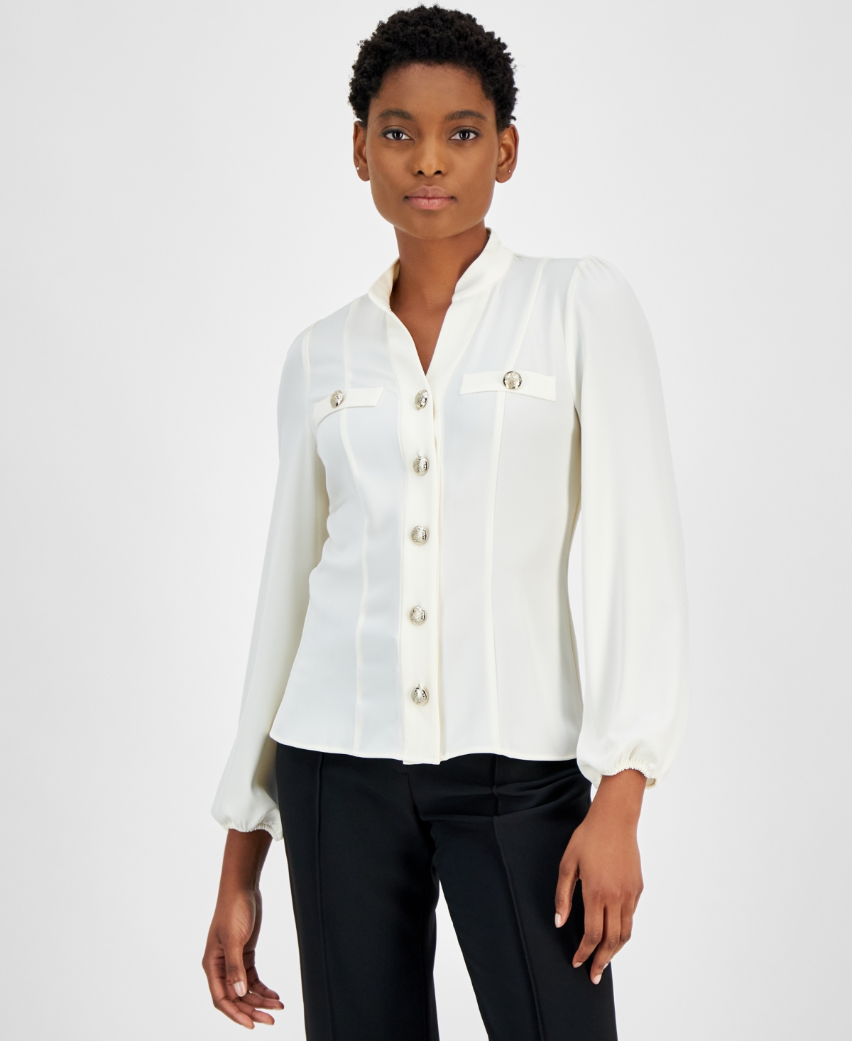 Anne Klein Women's Collarless Long-Sleeve Blouse