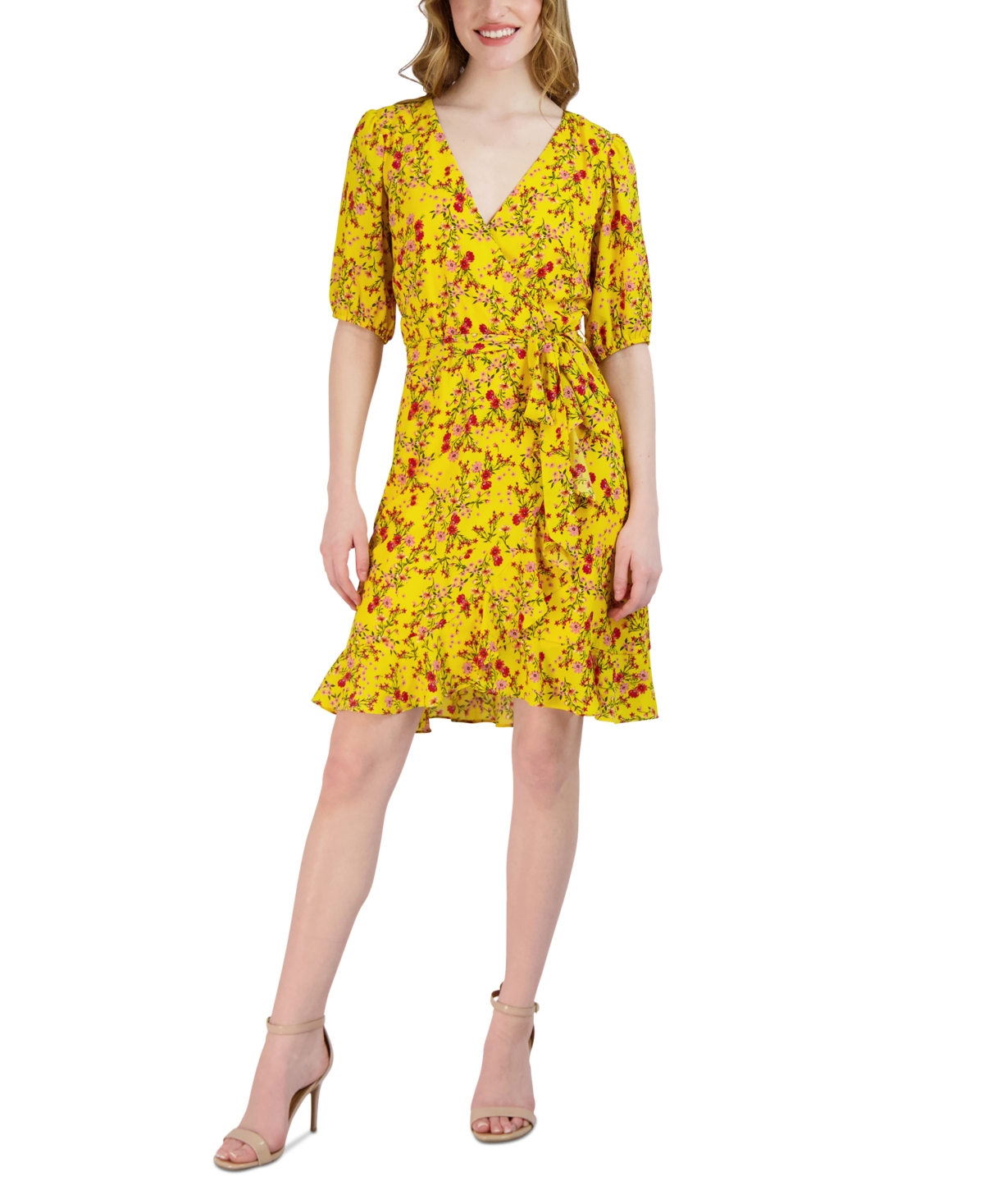 Women's Printed Faux-Wrap Tie-Waist Dress - Yellow Multi