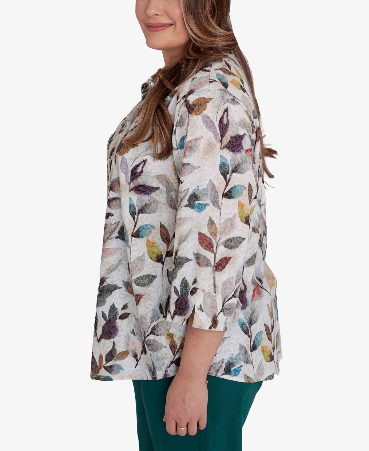 Alfred Dunner Plus Size Classic Watercolor Leaf Button Front Top
