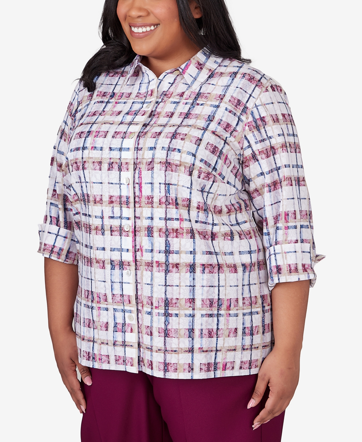 Alfred Dunner Plus Size Classic Plaid Cuffed Sleeve Button Front Top