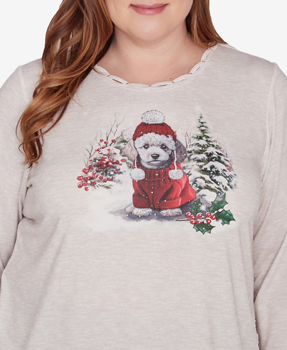 Alfred Dunner Plus Size Classic Festive Poodle Drawstring Top In Oatmeal
