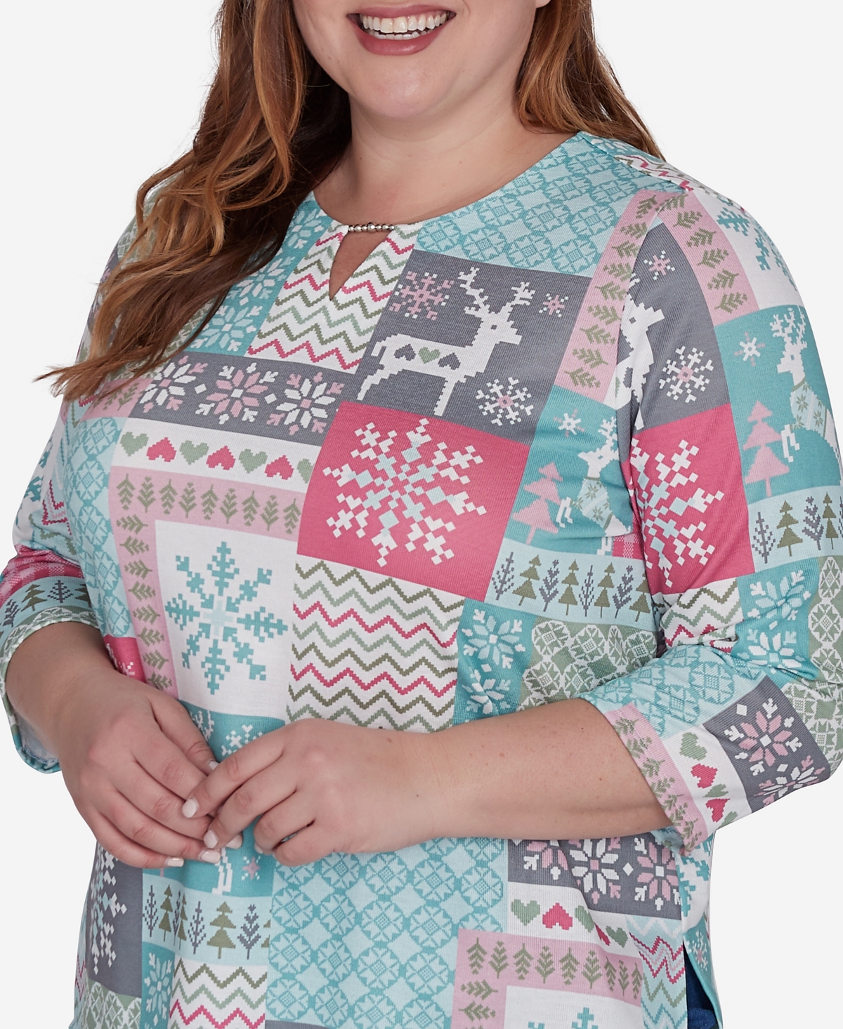 Alfred Dunner Plus Size Classic Reindeer Patch Work Top In Multi Green