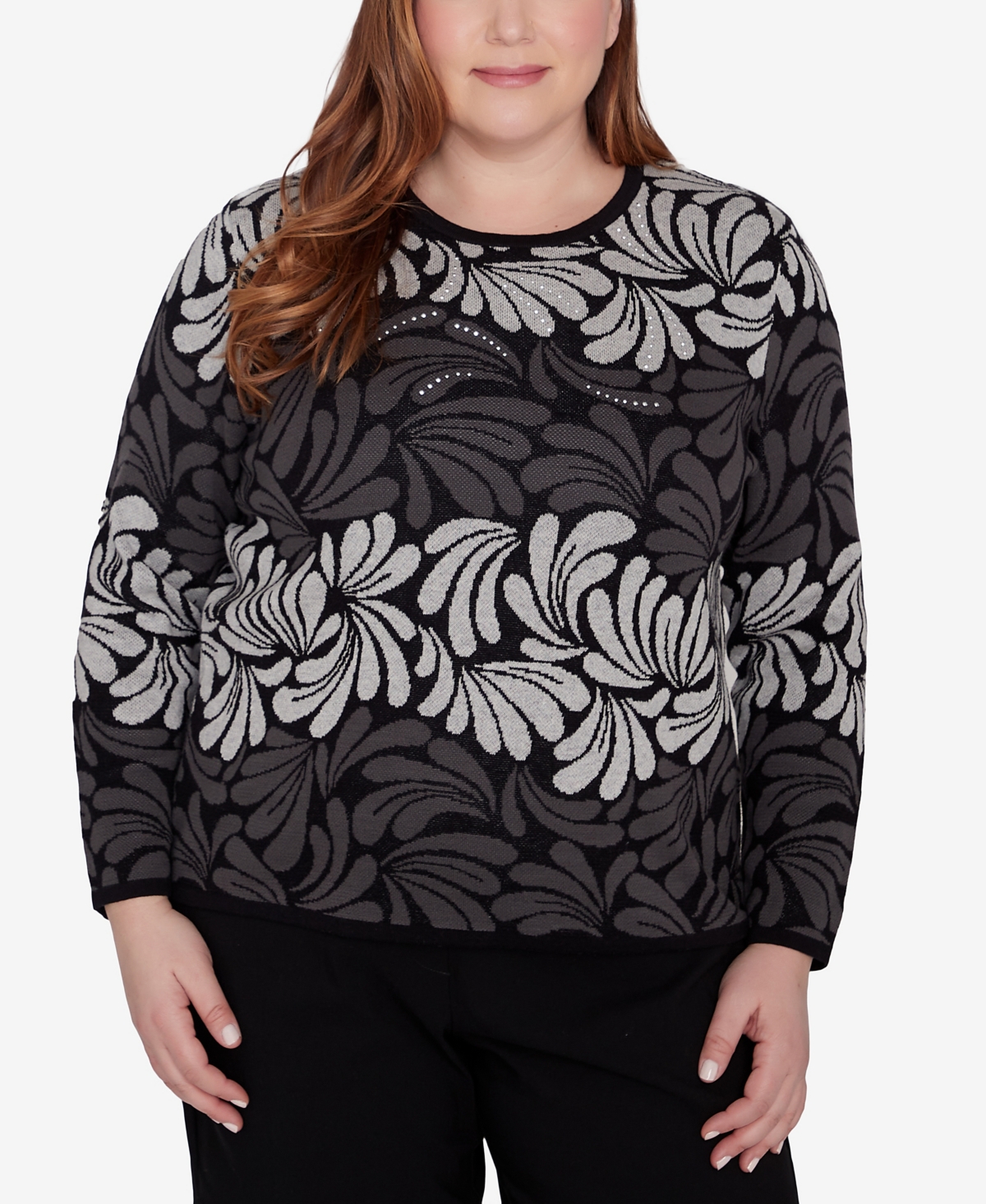 Alfred Dunner Plus Size Classic Geometric Ombre Scroll Sweater In Charcoal