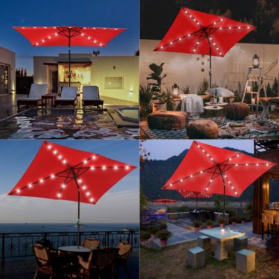 10x6.5FT Rectangle Outdoor Solar LED Patio Umbrella with Crank Tilt for Table Market Yard Deck Pool Party Red