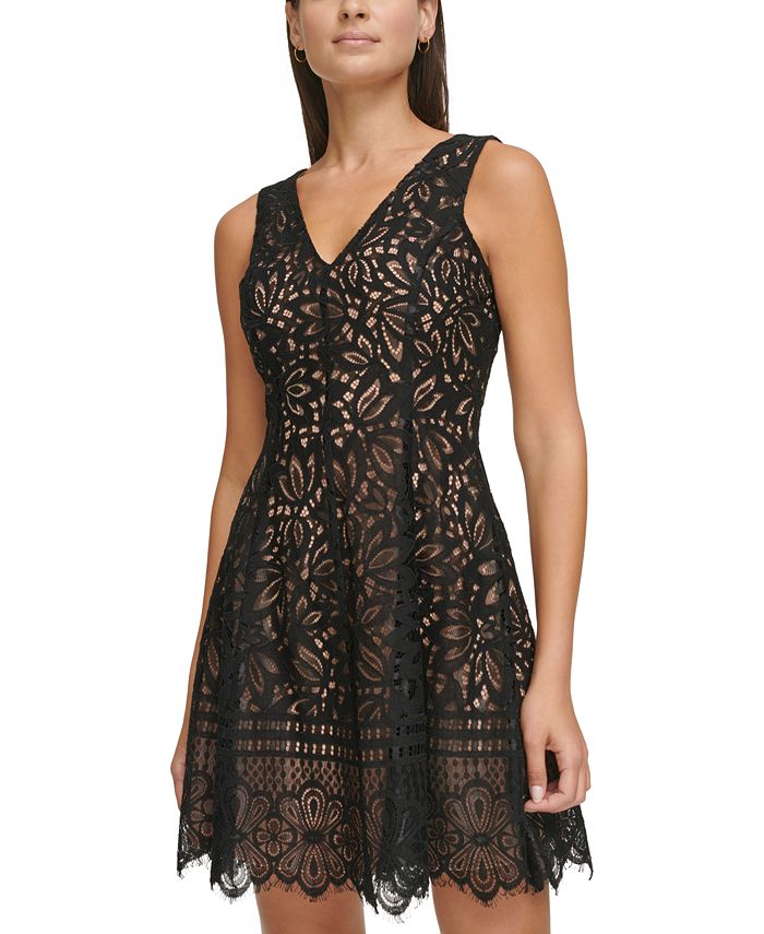 Kensie Abito Corto In Pizzo Floreale | Mini Dress Nero Con Maniche A Giro | Elegante E Versatile Per Ufficio E Serate | Taglia 48 Donna - 4
