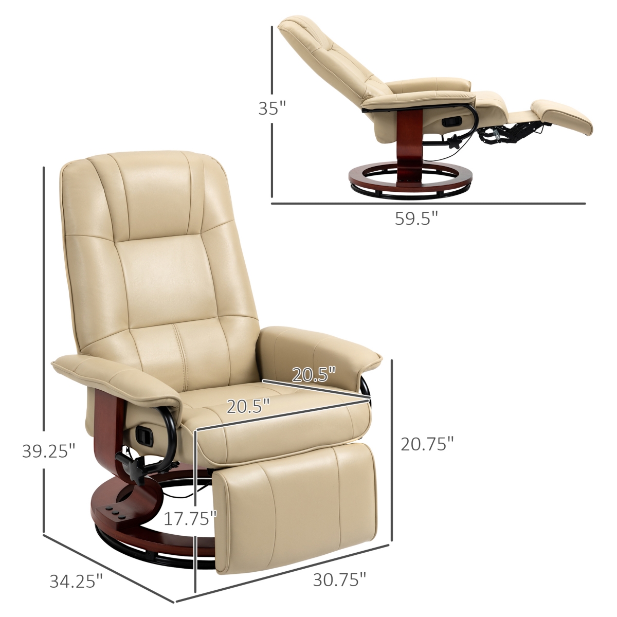 Homcom Faux Leather Reclining Lounge Chair Swivel Recliner Sofa Seat w/ Wood Base White