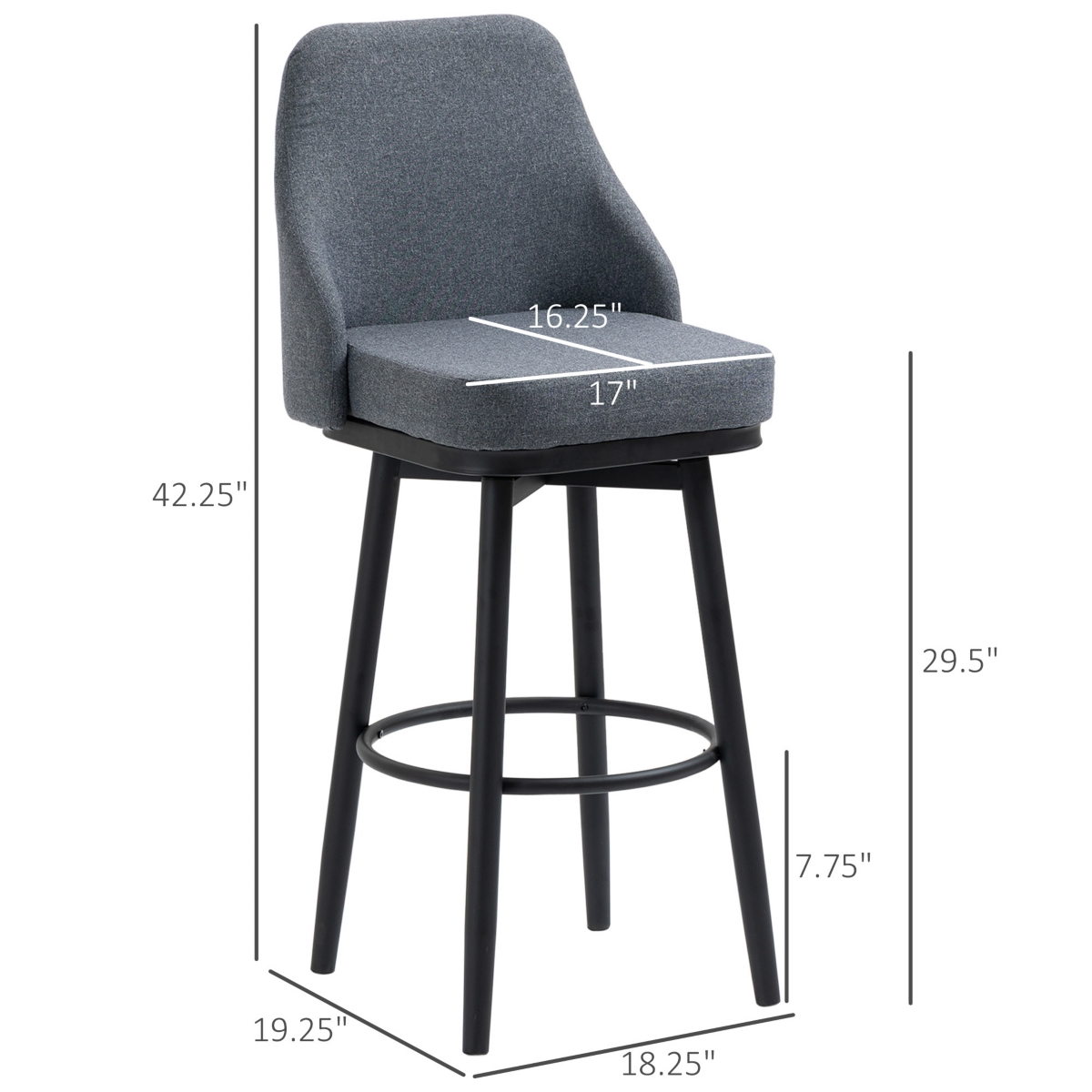 Homcom Modern Set of 2 Barstools, Swivel Kitchen Chairs with Steel Legs,- Dark grey