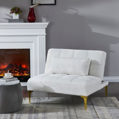 Convertible Sofa Bed Futon With Gold Metal Legs Teddy Fabric (White)