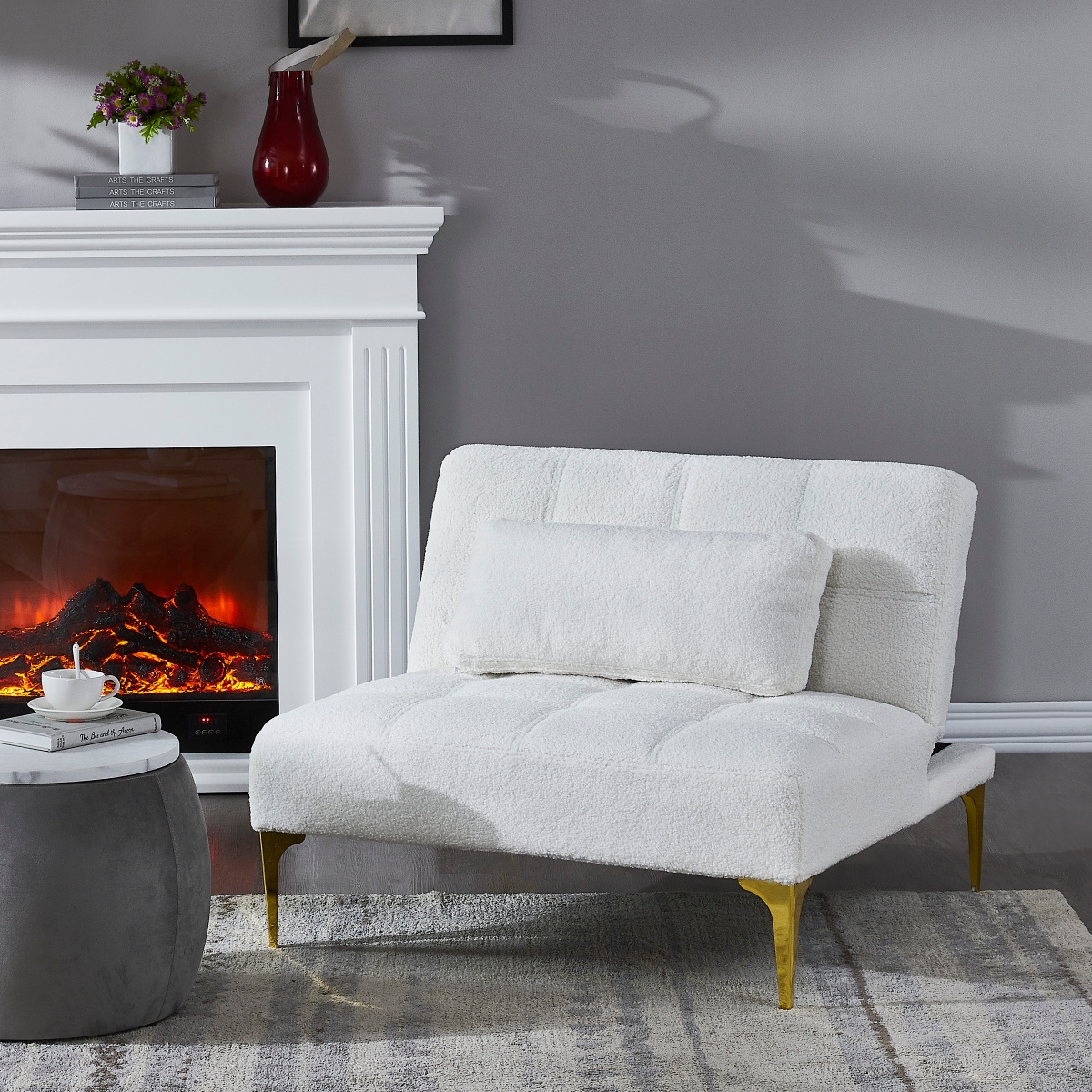 Convertible Sofa Bed Futon With Gold Metal Legs Teddy Fabric (White)