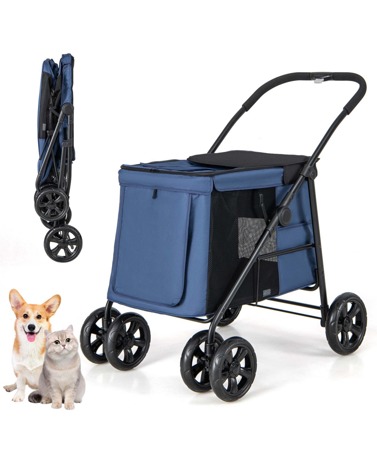 4-Wheel Folding Pet Stroller with Breathable Mesh for Small & Medium Pets - Grey