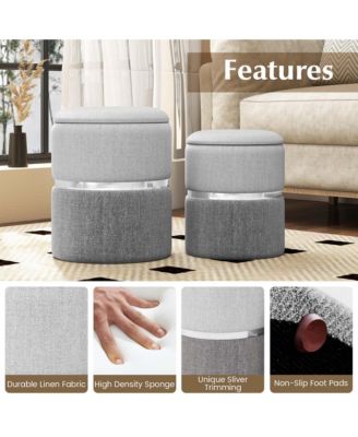 Linen Fabric Storage Ottoman Set of 2 Modern Round Ottoman with Storage for Bedroom