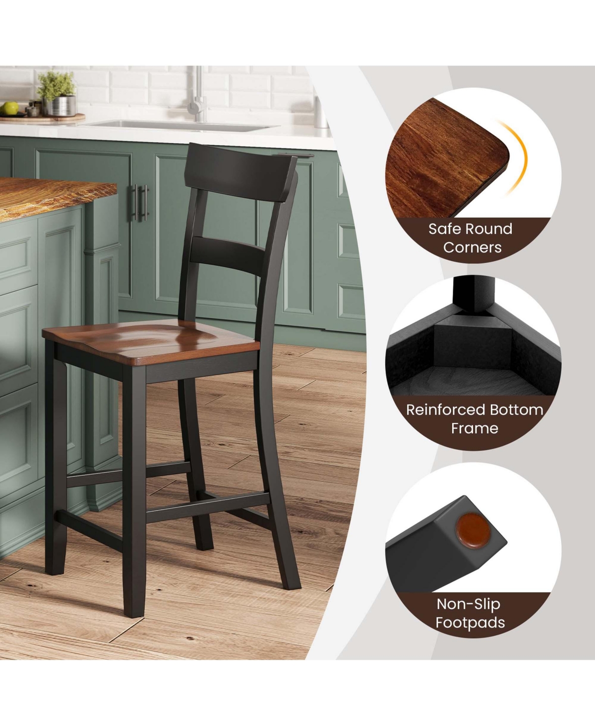 Costway Wooden Bar Stool Set of 2 Bar Chairs with Lvl Rubber Wood Frame, Backrest, Footrest