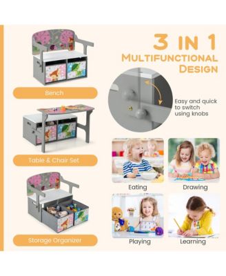 3 in 1 Kids Convertible Activity Bench Children Table & Chair Set with 2 Bins
