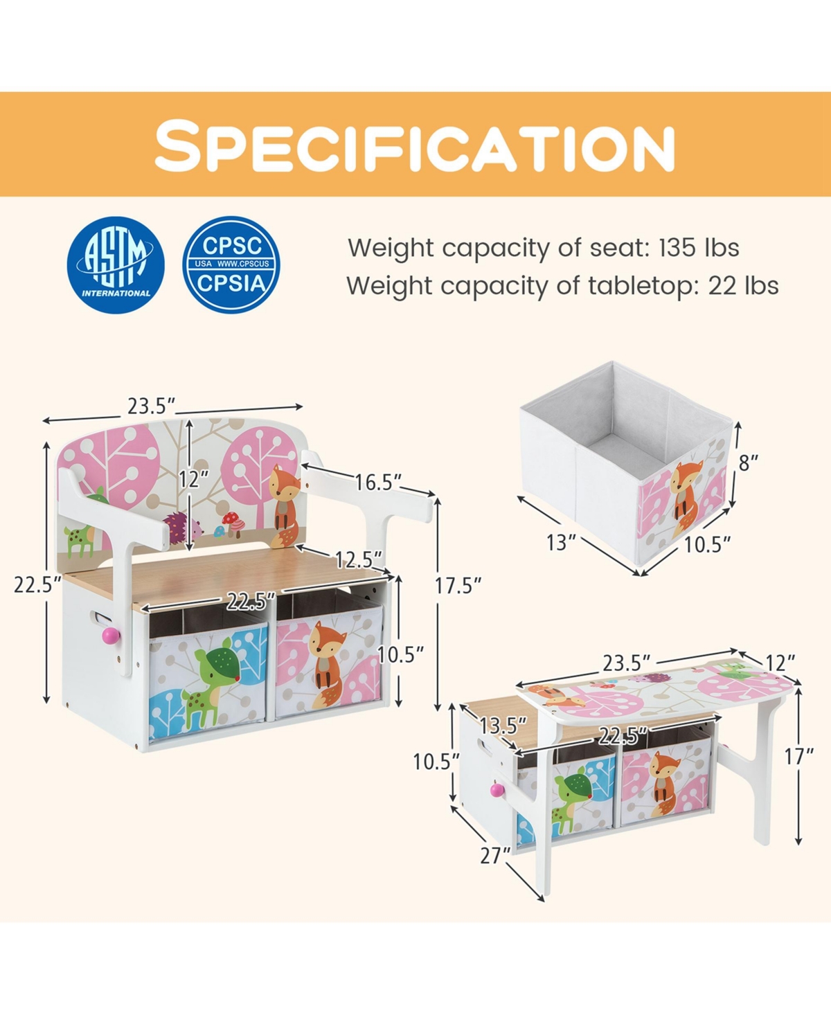 3 in 1 Kids Convertible Activity Bench Children Table & Chair Set with 2 Bins