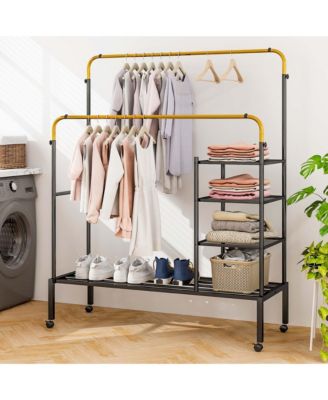 Rolling Clothes Drying Rack Double Rods Garment Rack with Height Adjustables