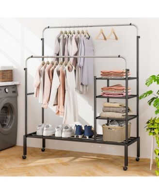 Rolling Clothes Drying Rack Double Rods Garment Rack with Height Adjustables