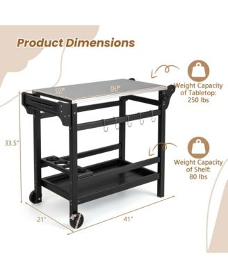 Movable Outdoor Dining Cart Table with Stainless Steel Tabletop, Seasoning Tray