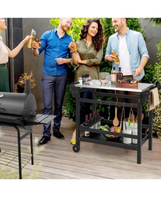 Movable Outdoor Dining Cart Table with Stainless Steel Tabletop, Seasoning Tray