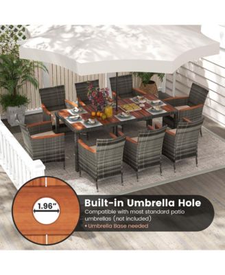 9 Pieces Outdoor Wicker Dining Set with Acacia Wood Table and 8 Armchairs