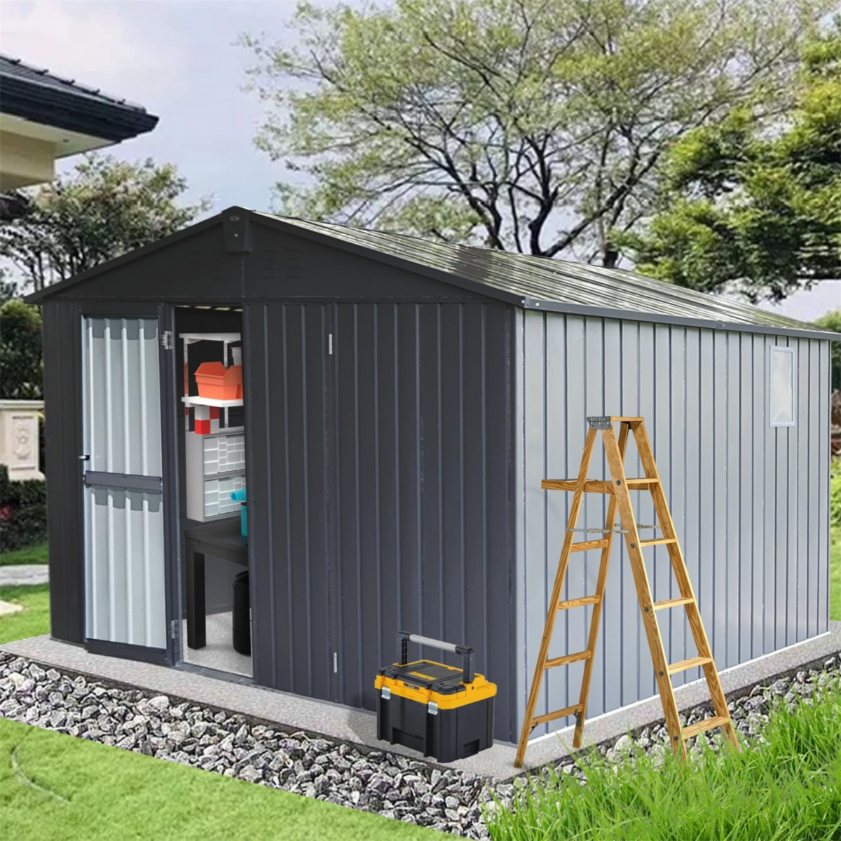 Streamdale Dark Gray 11'x12.5' Steel Frame Shed with Windows