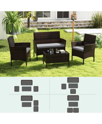 8 PCS Patio Furniture Set with Washable Cushions and Tempered Glass Coffee Table
