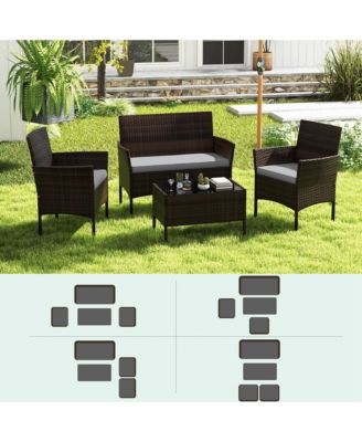 4 Pc. Patio Furniture Set with Washable Cushions and Tempered Glass Coffee Table