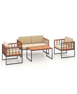 4 PCS Acacia Wood Outdoor Sofa Set with Heavy Duty Metal Frame Soft Seat