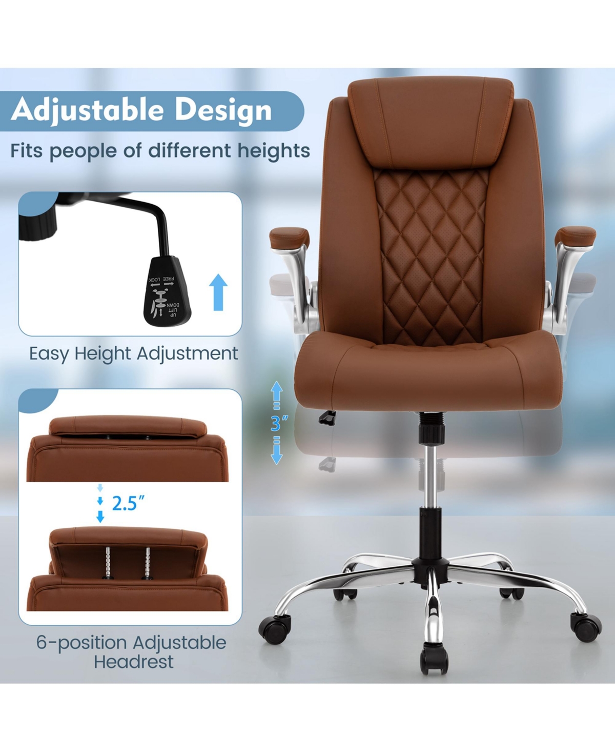 Costway Pu Leather Office Chair Height Adjustable Executive Chair with Adjustable Headrest