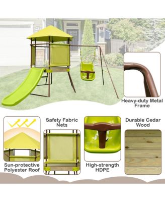 4-in-1 Swing Set with Covered Playhouse Fort Height Adjustable Baby Seat Slide