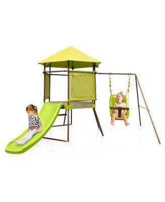 4-in-1 Swing Set with Covered Playhouse Fort Height Adjustable Baby Seat Slide