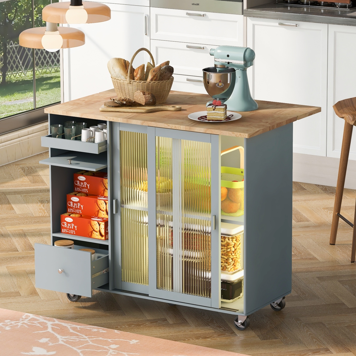 Streamdale Furniture Blue Kitchen Island Cart With Led Light And Drop Leaf - Grey+blue