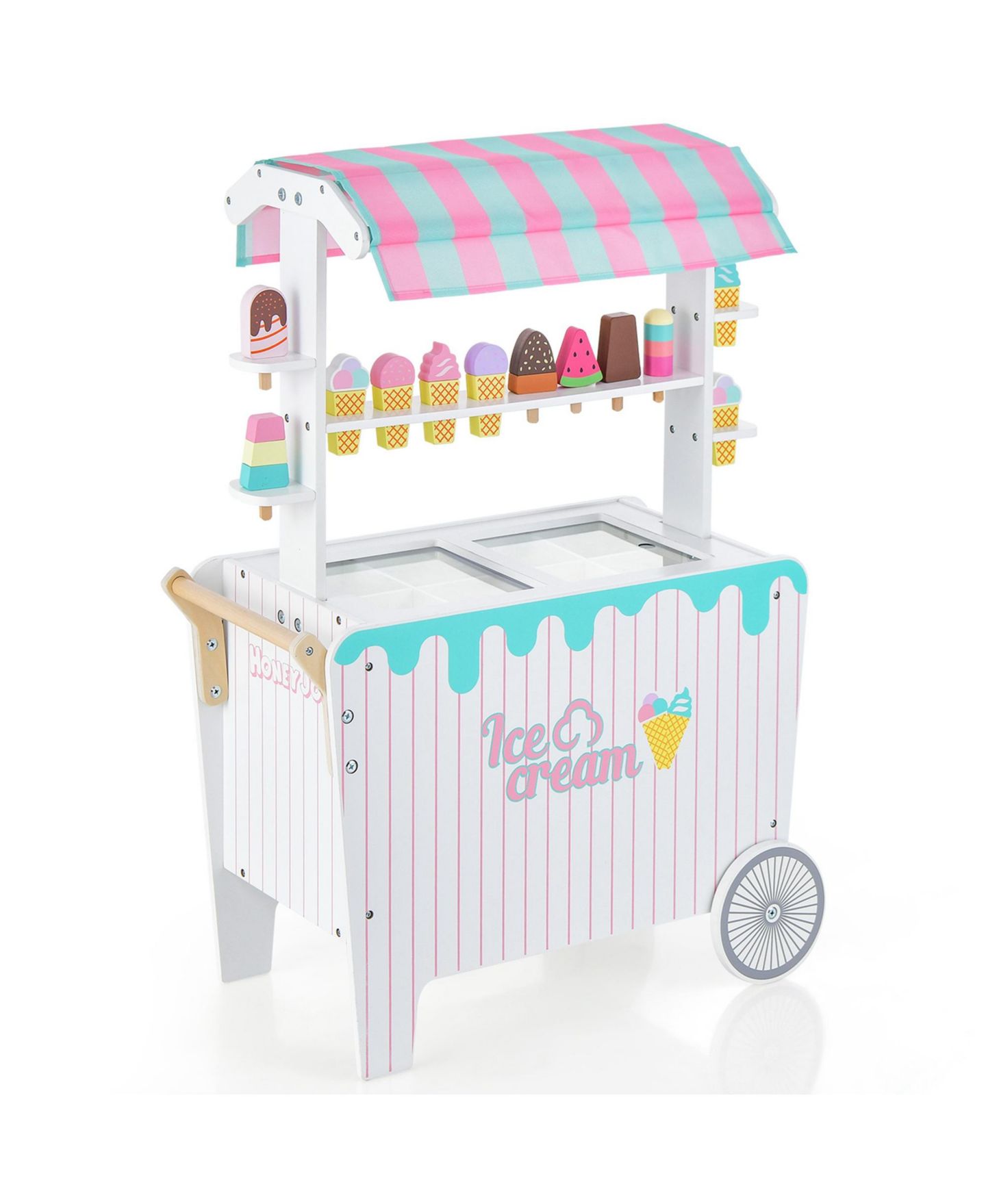 Детские игрушки Costway Kid's Ice Cream Cart Food Trunk Play Toy Set with Display Rack, цвет: Розовый — фото 1